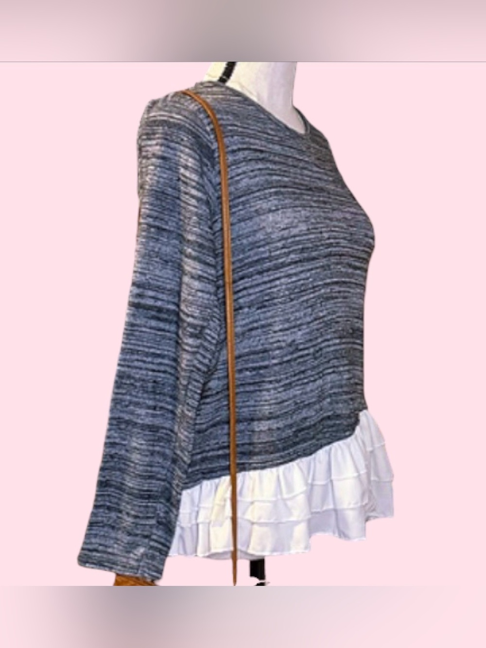 DKNY Gray Marled Knit sweater Tunic top with Ruffle Hem size small (4-6)